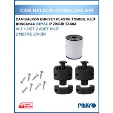 Glassmakro Cam Balkon Kilidi | Emniyet Plastik Tombul Kilit | Boncuklu Beyaz Ip Zincir Takım Seti