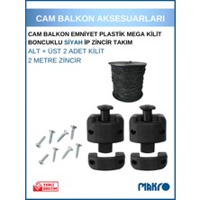 Glassmakro Cam Balkon Kilidi | Emniyet Plastik Mega Kilit | Boncuklu Siyah Ip Zincir Takım Seti