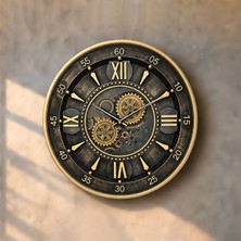 Yağmur Sanat Evi 60 cm Hareketli Çarklı, Lyon Pirinç Eskitme, Metal Kasa ,önü Camlı Duvar Saati