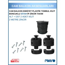 Glassmakro Cam Balkon Kilidi | Emniyet Plastik Tombul Kilit | Boncuklu Siyah Ip Zincir Takım Seti