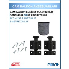 Glassmakro Cam Balkon Kilidi | Emniyet Plastik Kilit | Boncuklu Gri Ip Zincir Takım Seti