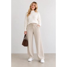 Meride Fashion Kadın Beli Lastikli Bağcıklı Bol Paça Triko PANTOLON-00093 Bej - Xl