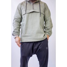 Takvame Erkek Uzun Kesim Yarım Fermuarlı Kapüşonlu Fermuarlı Cepli Parka Ceket Mont Anorak - Siyah/yeşil