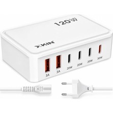 Die Grup Tr 120W Gan Şarj Istasyonu 5 Portlu Hızlı Şarj Adaptörü PD30W QC18W Smart Chip Teknolojili Usb-A Usb-C Çoklu Şarj Cihazı Masaüstü Hızlı Şarj Ünitesi | XK-HC205 (Beyaz)