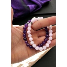 NBS Beautiful Naturel Stones Ametist, Pembe Kuvars Muhteşem Ikili Set Gerçek Doğal Taş Bileklik ( Aa Kalite )