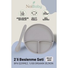 Noi Baby Vakum Tabanlı Silikon Tabak - Silikon Kaşık 2'li Set - ( Gri )
