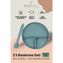Noi Baby Vakum Tabanlı Silikon Tabak - Silikon Kaşık 2'li Set - ( Koyu Yeşil )
