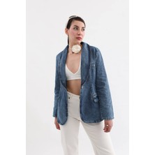 Banny Jeans Kadın Uzun Kollu Tek Düğmeli Jean Ceket Mavi