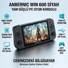 Anbernic Wın 600 Windows Taşınabilir El Konsolu Siyah - Amd 3050E Işlemci 8 GB Ddr4 Ram 256 GB M.2 SSD 5.94 Inç Dokunmatik IPS Ekran 45W Hızlı Şarj USB Type-C Displayport Pc Steam El Bilgisayarı