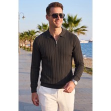 RizzUP Erkek Slim Fit Dokulu Siyah Triko Kazak – Fermuarlı Polo Yaka Likralı Esnek 2708505