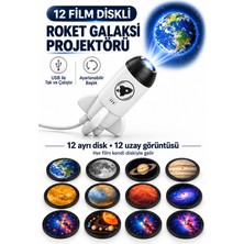 Ayers 12 Film Diskli Roket Tasarımlı Galaksi Projektörü, USB Yıldızlı Gökyüzü Projeksiyon Gece Lambası, Ayarlanabilir Başlıklı, Duvar ve Tavan Yansıtmalı Çocuk Odası Uzay Lambası