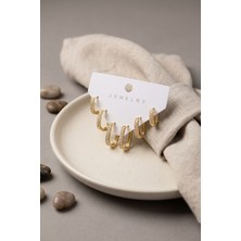 Mustran Gold Renk Zirkon Taşlı Pirinç Oval Kare Model Kadın Küpe Seti