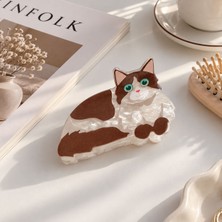 Femenino Kahverengi Beyaz Kedi Figürlü Akrilik Mandal Kemik Saç Tokası 7 cm