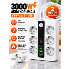 Moxti 3000W 6 Prizli Akıllı Uzatma Kablosu – 4 Usb-A + 2 Type-C Hızlı Şarj Çıkışlı Akım Korumalı , 2 Metre Kablo