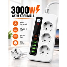 Moxti 3000W Akıllı 3'lü Priz Usb' Li Uzatma Kablo - 4 USB + 2 Type-C Hızlı Şarj 2 Metre