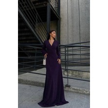 Droptan Krep Abiye Maxi Kumaş Yaka Yırtmaçlı Kruvaze Elbise