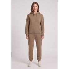 Machi Makiteks Kahve Kadın 3 Iplik Şardonlu Asimetrik Kesik Cepli Kapüşonlu Paçası Lastikli Eşofman Takımı - Sweatshirt ve Eşofman Altı Ikili Takım