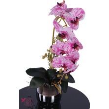 Yapay Çiçek Sitesi Metal Gümüş Saksıda Yapay Premium Orkide Tanzimi 50 cm Fuşya Pembe