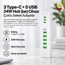 Onesam 3 Type-C + 5 USB Girişli 24W Hızlı Şarj Cihazı Çoklu Soket Akım Korumalı Adaptör