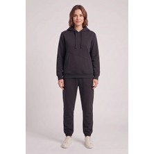Machi Makiteks Siyah Kadın 3 Iplik Şardonlu Asimetrik Kesik Cepli Kapüşonlu Paçası Lastikli Eşofman Takımı - Sweatshirt ve Eşofman Altı Ikili Takım