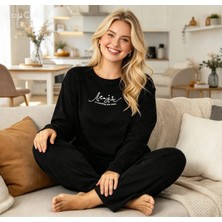 NiCe İç Giyim Büyük Beden Kadife Siyah Kadın Pijama Takım Bisiklet Yaka Uzun Kol Yumuşak Şık Rahat Ev Giyim (3xl-4xl-5xl Beden)