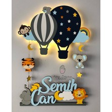 Atölye Selçukum Işıklı İsme Ahşap Kapı Süsü - Uçan Balon & Hayvanlar