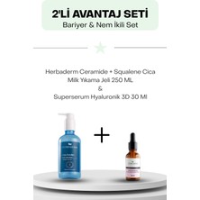 Bariyer & Nem Ikili Set: Herbaderm Ceramide + Squalene Cica Milk Yıkama Jeli 250 ml ve Superserum Hyaluronik 3D 30 ml