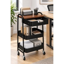 Kraf 3 Katlı Çekmeceli Tekerlekli Metal Organizer Raf Ünitesi Siyah