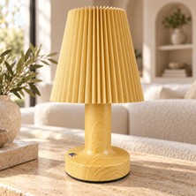 Sleep Nova Sleepnova Şarjlı LED Masa Lambası Ahşap Görünümlü Pileli Abajur 3 Işık Modlu 15X13 cm