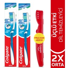 Colgate Üçlü Etki Dil Temizleyicili Arka Dişlere Uzanan Orta Diş Fırçası X 2 Adet + Diş Fırçası Kabı