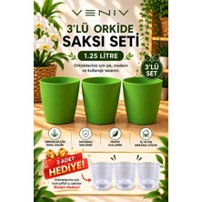 Veniv 3’lü Orkide Saksı Seti 1.25 Litre Yeşil Saksı – 3 Adet Şeffaf Iç Saksı Hediye