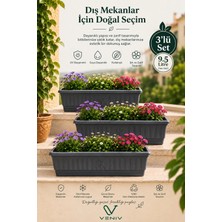 Veniv 3’lü Balkon Saksı Seti 9,5 Litre – Dikdörtgen Saksı, Drenajlı ve Alt Tabaklı, Çiçek & Bitki Saksısı Antrasit Gri