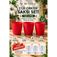 Veniv 3’lü Orkide Saksı Seti 1.25 Litre Kırmızı Saksı – 3 Adet Şeffaf Iç Saksı Hediye