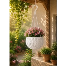 Veniv Rattan Desenli Askılı Saksı 2 Litre – Alt Tablalı Dekoratif Saksı