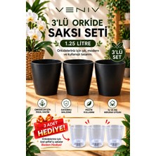 Veniv 3’lü Orkide Saksı Seti 1.25 Litre Siyah Saksı – 3 Adet Şeffaf Iç Saksı Hediye