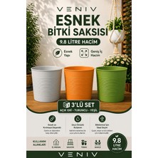 Veniv 3’lü Kırılmaz Dekoratif Saksı Seti 9.8 L - Açık Gri - Turuncu - Yeşil