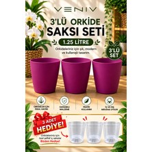 Veniv 3’lü Orkide Saksı Seti 1.25 Litre Mor Saksı – 3 Adet Şeffaf Iç Saksı Hediye