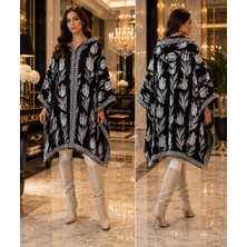 Balis Pijama Kadın Geometrik Petek Desenli Kapüşonlu Triko Panço Sıcak Tutan Şal Hırka Şık Tasarım Kaliteli Kumaş Dış Giyim Panço Triko Kaban