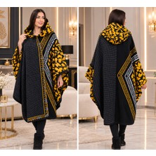 Balis Pijama Kadın Geometrik Petek Desenli Kapüşonlu Triko Panço Sıcak Tutan Şal Hırka Şık Kaliteli Dış Giyim Triko Kaban
