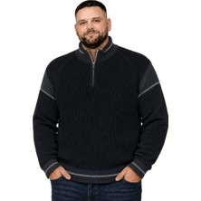 Battal Moda Erkek Büyük Beden Siyah Hattush Fermuarlı Dik Yaka Desenli Triko Kazak 3xl-4xl-5xl-6xl