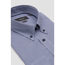 Abbate Matteo Non Iron Poplin %100 Pamuk Comfort Fit Lacivert Düğmeli Yaka Erkek Kareli Gömlek