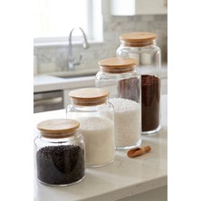 Öz-Home 4'lü Vakumlu Bambu Kapaklı Cam Saklama / Düzenleme Kavanozu 1400/ 1130/ 900 / 635 ml