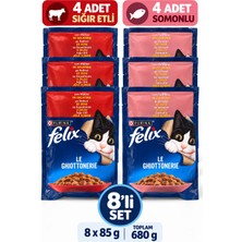Felix Le Ghiottonerie 8’li Karışık Kedi Yaş Mama Seti – 4 Sığır Etli + 4 Somonlu, Jöle Içinde 8X85 G