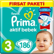 Prima Bebek Bezi Aktif Bebek 3 Beden 6-10 kg 3*62 Bantlı Bez 186 Adet Hızlı Emici Teknoloji