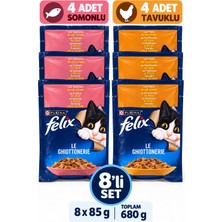 Felix Le Ghiottonerie 8’li Karışık Kedi Yaş Mama Seti – 4 Somonlu + 4 Tavuk Etli, Jöle Içinde 8X85 G