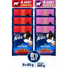 Felix Le Ghiottonerie 8’li Karışık Kedi Yaş Mama Seti – 4 Sığır Etli + 4 Kuzu Etli, Jöle Içinde 8X85 G