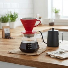 Artizan Mutfak V60 Seramik Filtre Kahve Demleme Seti Çelik Filtre 600 ml (Kırmızı)