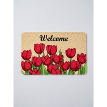 Tiritoğlu Home Kırmızı Renkli Gül Desenli Welcome Kıvırcık Paspas