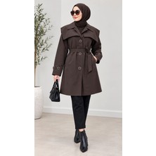Nevayla Moda Kuşaklı Düğmeli Mevsimlik Trençkot - Acı Kahve / M0118