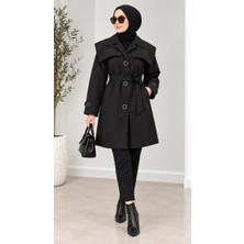 Nevayla Moda Kuşaklı Düğmeli Mevsimlik Trençkot - Siyah / M0118